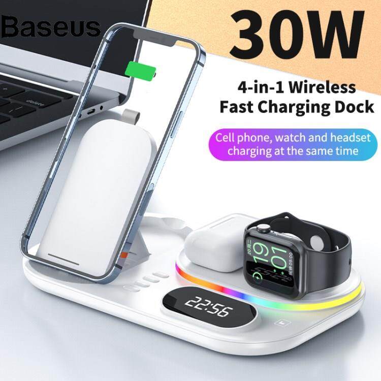 Baseus A06 4 in 1 Mobile Phone Fast Wireless Charger Multi-functional Charging Dock with Clock Display/RGB Light