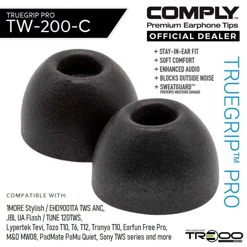 Comply TrueGrip Pro TW-200-C Foam Eartips (for Earfun, Lypertek, PadMate, Sony, etc. True Wireless Earbuds)