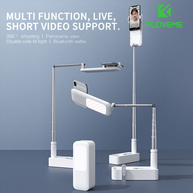 FLOVEME Portable Phone Holder Stand With Wireless Dimmable LED Selfie Fill Light Lamp For Live Video Fill Light Retractable Phone Stand