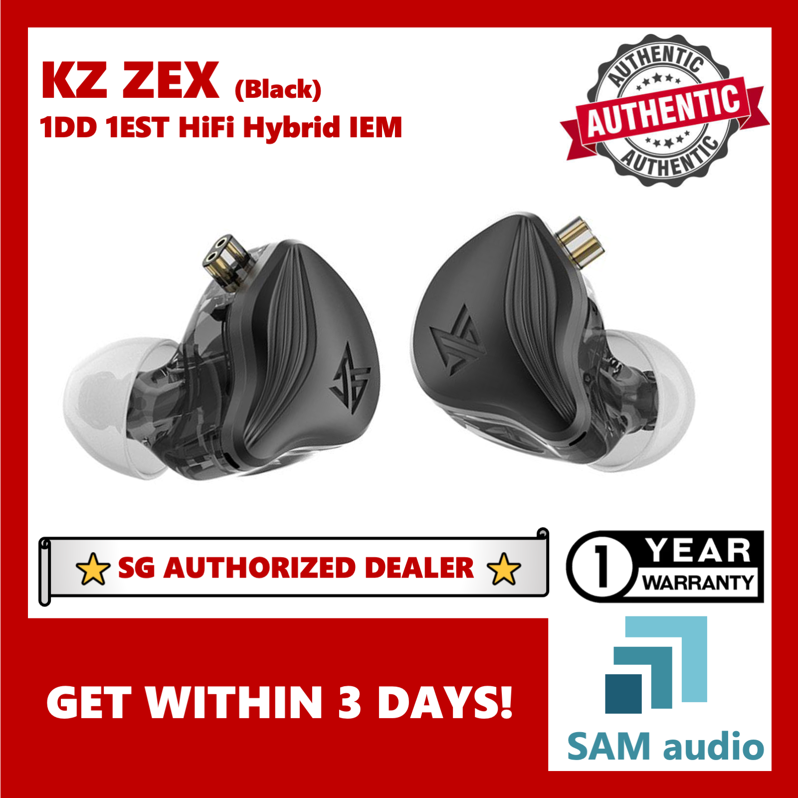 [?SG] KZ ZEX, 1DD 10mm +1EST 6.8mm Hybrid In ear Earphones, 25Ω C-pin / 2pin, Hifi Audio